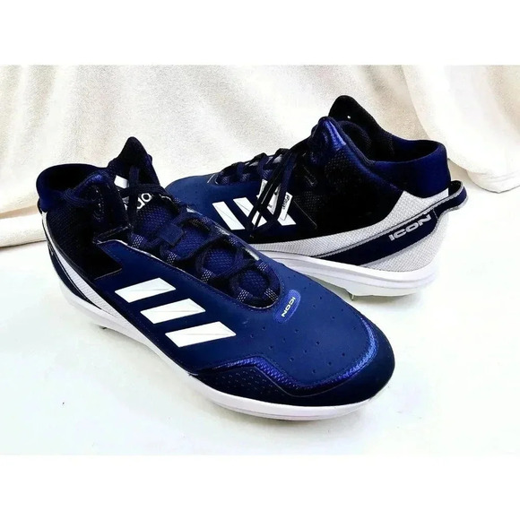 Adidas Size 14 Men's Navy White Icon 7 Mid Lace Up Metal Cleats Baseball Shoes - Picture 7 of 13